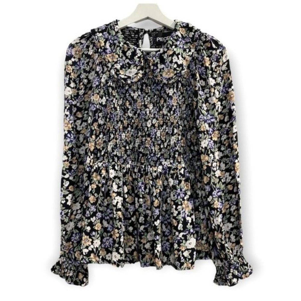 Pieces Peter Pan Collar Smocked Floral Long Sleeve Blouse Black Size X-Small